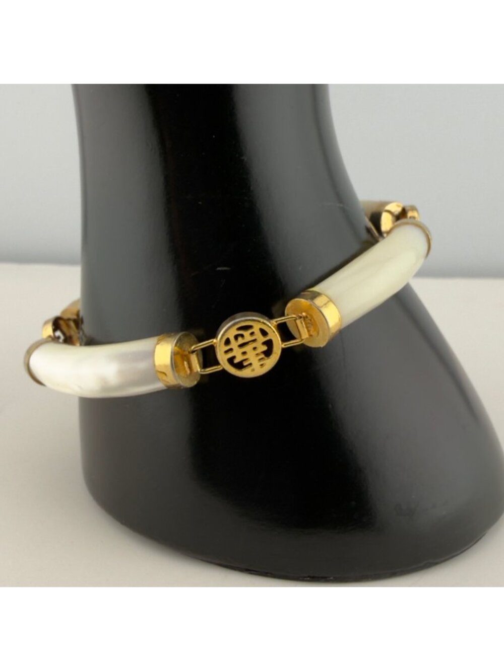 Chinese Longevity Mother Of Pearl Bracelet Safety Chain 7in Gold Tone